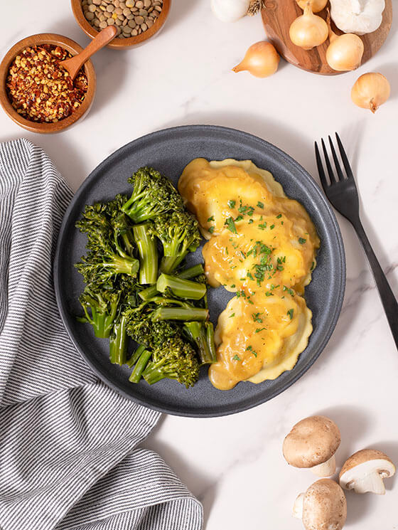 Mushroom Ravioli with Lentil Sauce
