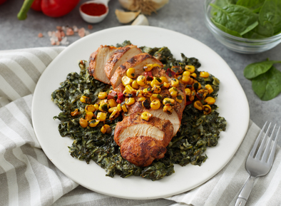 BBQ Chicken with Creamed Spinach & Fire Roasted Corn