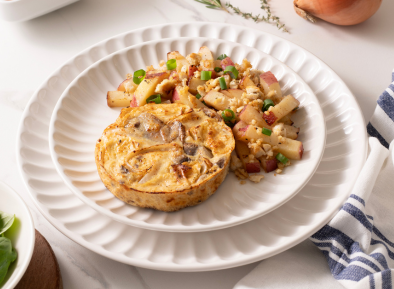 Caramelized Onion & Mushroom Egg Frittata with Chicken Sausage Home Fries