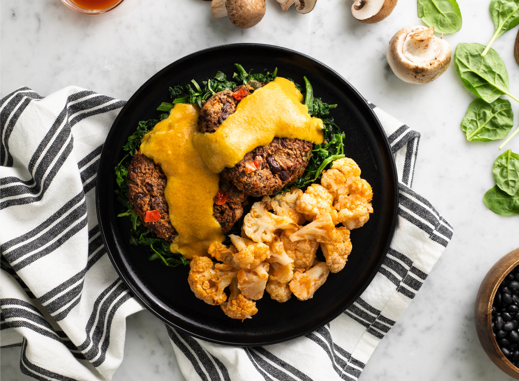 Cheezy Black Bean Sliders with Buffalo Cauliflower