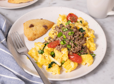 Egg & Tomato Scramble with Chicken Sausage Hash