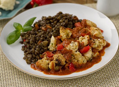 Roasted Cauliflower and Lentils with Charred Red Pepper Sauce