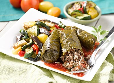 Beef Stuffed Grape Leaves with Tomato Sauce