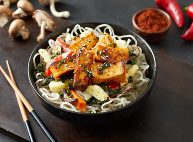 Gochujang Tofu with Sweet Potato Noodle Japchae