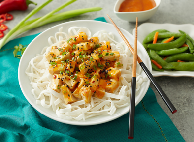 Orange Tofu with Rice Noodles & Sugar Snap Peas