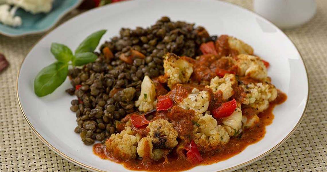 Roasted Cauliflower and Lentils with Charred Red Pepper Sauce