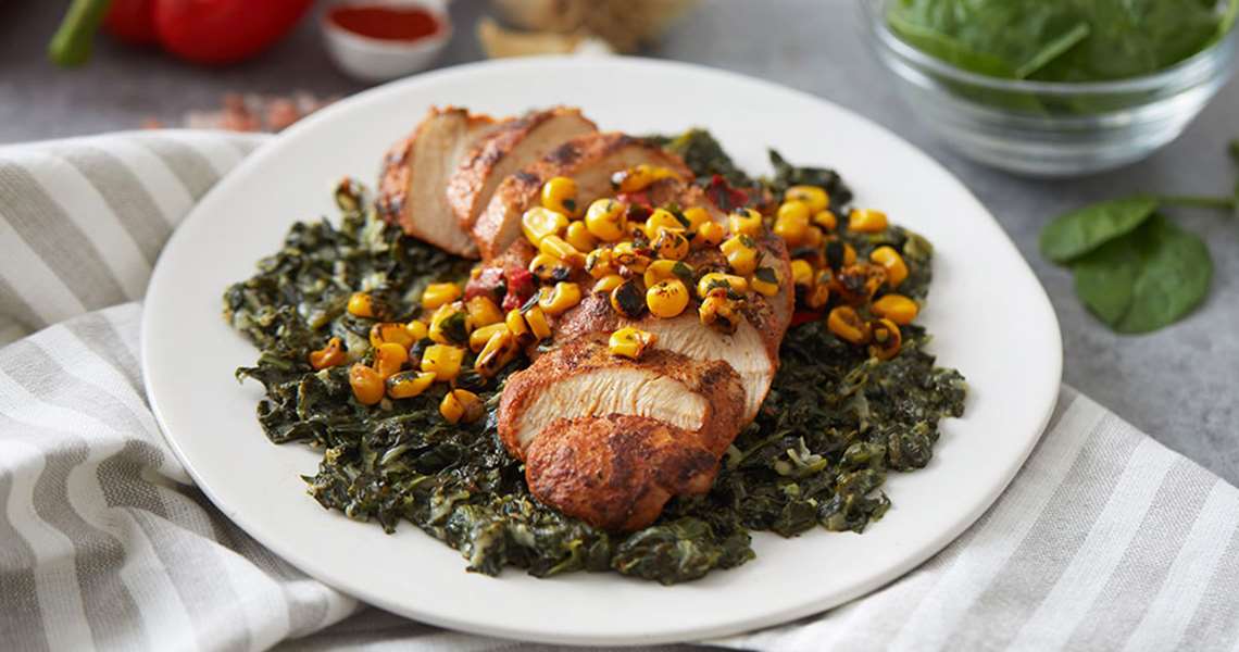 BBQ Chicken with Creamed Spinach & Fire Roasted Corn