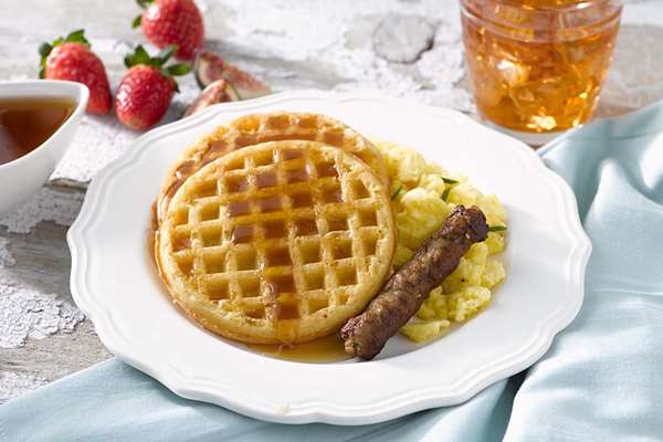 Homestyle Waffles with Scrambled Eggs and Maple Syrup