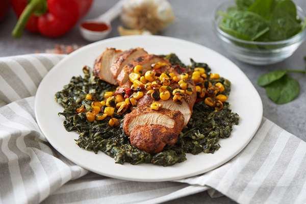 BBQ Chicken with Creamed Spinach & Fire Roasted Corn